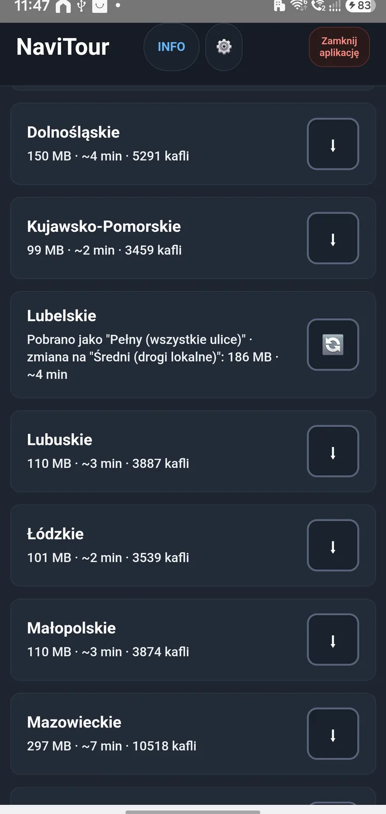 Lista map offline do pobrania z rozmiarami w megabajtach