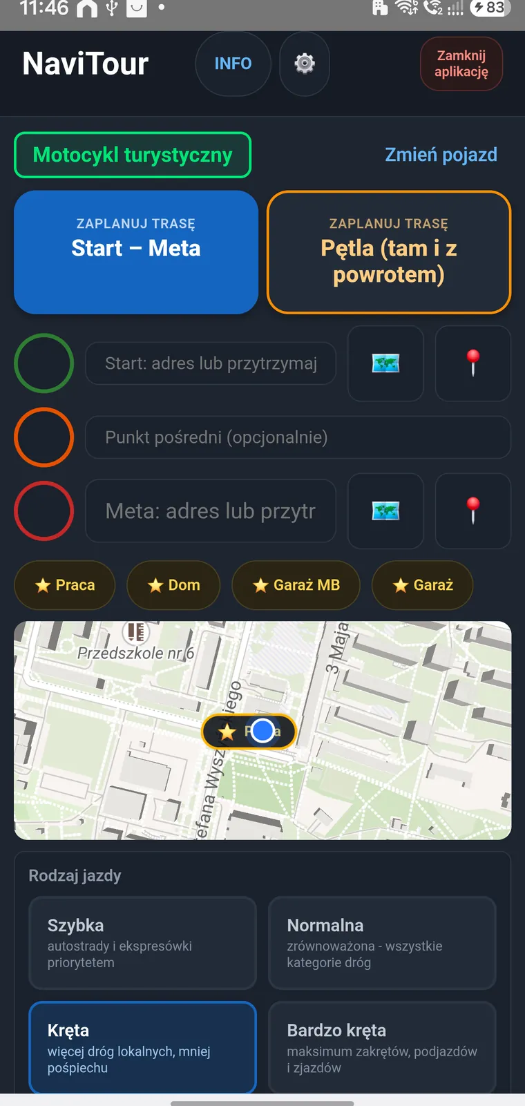 Ekran planowania trasy: pola startu, punktu pośredniego i mety, ulubione miejsca, mapa i wybór stylu jazdy